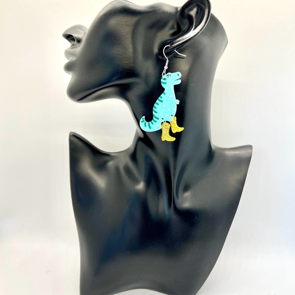 Dinosaurs With Gold Boots Earrings - Dinosaur Earrings - Trending Earrings - Picture 6 of 8